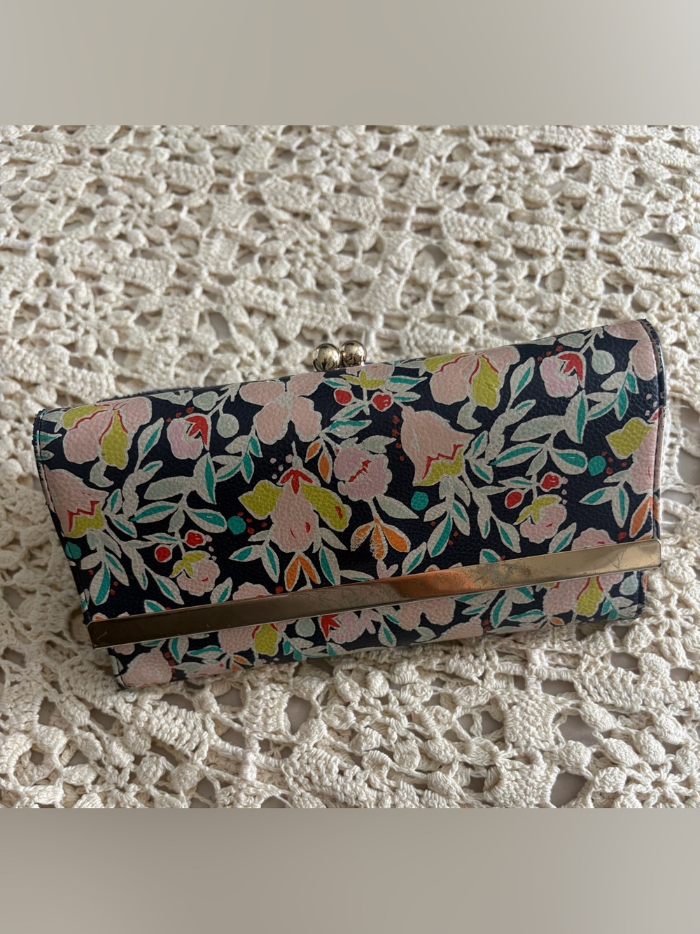 Floral Navy Clutch Wallet with Gold Trim